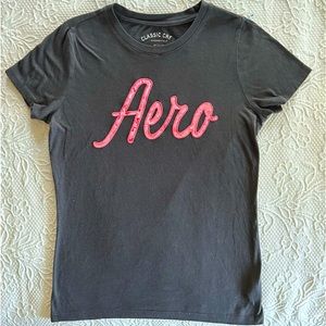 Aeropostale Tee Shirt Dark-Gray With Pink Velour Lettering “AERO” Front Large
